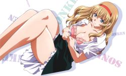 Rule 34 | 00s, 10s, 1girl, aqua eyes, blonde hair, bra, breasts, cleavage, crossed legs, dress, hairband, highres, ikkitousen, ikkitousen xtreme xecutor, jewelry, lingerie, long hair, lying, magatama, official art, on back, open clothes, open shirt, school uniform, shirt, sitting, smile, solo, sonken chuubou, unbuttoned, underwear, undressing