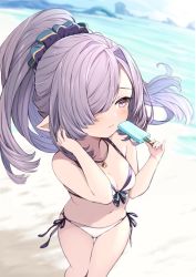 Rule 34 | 1girl, bare arms, bare shoulders, beach, bikini, blue sky, breasts, cleavage, day, food, front-tie bikini top, front-tie top, granblue fantasy, hair ornament, hair over one eye, hair scrunchie, harvin, holding, holding food, iwao (pixiv258710), jewelry, long hair, medium breasts, navel, necklace, niyon (granblue fantasy), ocean, outdoors, pointy ears, ponytail, popsicle, purple hair, scrunchie, side-tie bikini bottom, sky, solo, standing, string bikini, summer, swimsuit, thigh gap, white bikini