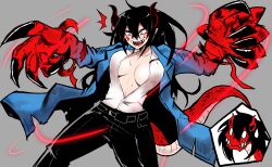 Rule 34 | black hair, black pants, blue eyes, blue jacket, breasts, claws, cleavage, dragon, dragon girl, dragon horns, dragon tail, fangs, fangs out, grey background, highres, horns, itoshiki eru, jacket, large breasts, original, pants, ponytail, sharp teeth, simple background, smile, sweat, tail, teeth