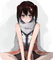 Rule 34 | 1girl, 73suke, absurdres, black neckerchief, black skirt, brown eyes, brown hair, buttons, commentary, double-breasted, hair ornament, hairclip, highres, indian style, kantai collection, looking at viewer, neckerchief, sailor collar, scarf, school uniform, sendai (kancolle), sendai kai ni (kancolle), serafuku, sitting, skirt, solo, two side up, white sailor collar, white scarf