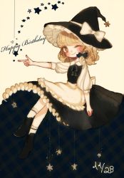 Rule 34 | 1girl, blonde hair, blush, boots, bow, braid, dated, dress, english text, hair ornament, happy birthday, hat, kirisame marisa, long hair, one eye closed, pointing, ribbon, smile, solo, touhou, witch hat, yellow eyes, yujup