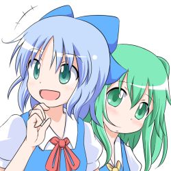 Rule 34 | +++, 2girls, :d, blue bow, blue eyes, blue hair, bow, cirno, daiyousei, green eyes, green hair, hair bow, mikan imo, multiple girls, open mouth, short hair, short sleeves, shy, simple background, smile, touhou, white background
