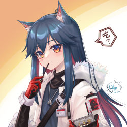 Rule 34 | 1girl, animal ear fluff, animal ears, arknights, artist name, black gloves, black hair, blush, ear piercing, eating, food, fur-trimmed hood, fur trim, gloves, gradient background, hizkyi, holding, holding food, hood, hood down, hooded jacket, id card, jacket, jewelry, long hair, long sleeves, looking at viewer, multicolored hair, necklace, open clothes, open jacket, orange background, piercing, pocky, red eyes, red gloves, red hair, sidelocks, solo, speech bubble, texas (arknights), translation request, two-tone gloves, two-tone hair, white background, white jacket, wolf ears