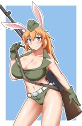 Rule 34 | 1girl, animal ears, belly, belt, blue eyes, blush, breasts, browning automatic rifle, charlotte e. yeager, cleavage, collarbone, garrison cap, gloves, gun, hat, kunashiri (etorofu), large breasts, long hair, looking at viewer, military, navel, orange hair, rabbit ears, rifle, short shorts, shorts, strap, strike witches, tank top, weapon, world witches series