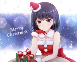 Rule 34 | 1girl, absurdres, alternative girls, bare arms, black hair, breasts, christmas, cleavage, closed mouth, dress, gift, gloves, hat, highres, looking at viewer, medium hair, official art, onitsuka chiho, red dress, red eyes, red gloves, santa dress, santa hat, smile, solo, table