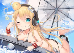 Rule 34 | 1girl, ;), albacore (azur lane), animal, animal on head, azur lane, barefoot, bikini, bikini top only, bird, black bikini, blonde hair, blue sky, breast press, breasts, butt crack, chick, cisyo, closed mouth, cloud, cloudy sky, commentary request, day, fang, fang out, fingernails, green eyes, hair between eyes, happy birthday, headphones, leg up, long hair, looking at viewer, lying, manjuu (azur lane), medium breasts, micro bikini, on head, on stomach, one eye closed, outdoors, parasol, sky, smile, solo, star (symbol), string bikini, striped bikini, striped bikini top, striped clothes, sweatband, swimsuit, umbrella, v over eye, very long hair, water, wristband