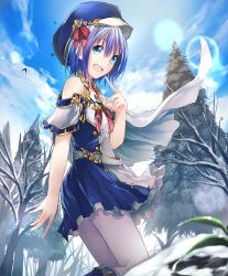 1girl :d artist_request bare_shoulders bare_tree belt blue_eyes blue_hair blue_skirt cloud cloudy_sky cygames frills gold_trim hat hat_ribbon lens_flare looking_at_viewer miriam_(shadowverse) official_art open_mouth pantyhose ribbon shadowverse shingeki_no_bahamut short_hair skirt sky smile snow spruce tree