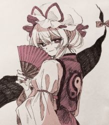 Rule 34 | 1girl, bow, closed mouth, dress, fingernails, folding fan, from side, gap (touhou), graphite (medium), hair between eyes, hair bun, hand fan, hand up, hat, hat bow, holding, holding fan, juliet sleeves, ka (marukogedago), long sleeves, looking at viewer, looking to the side, mixed media, monochrome, nail polish, mob cap, puffy sleeves, purple theme, simple background, single hair bun, smile, solo, tabard, touhou, traditional media, upper body, white background, yakumo yukari, yin yang