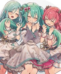 Rule 34 | 3girls, ^ ^, bare shoulders, belt, black belt, blush, buttons, clenched hand, closed eyes, detached sleeves, double-breasted, dress, facing viewer, fang, feet out of frame, gradient sleeves, green hair, grin, hair ornament, hair ribbon, hands up, hatsune miku, highres, hinomori shizuku, holding another&#039;s hair, layered dress, long hair, long sleeves, matching outfits, momoi airi, multiple girls, official alternate costume, open mouth, project sekai, puffy long sleeves, puffy sleeves, red hair, ribbon, sleeveless, sleeveless dress, smile, standing, striped ribbon, twintails, two side up, uminokaisen, vocaloid, white background, white dress, wide sleeves, wrist cuffs