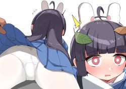 Rule 34 | 1boy, 1girl, ahoge, animal ears, ass, back, black hair, blue archive, blunt bangs, blush, clothes lift, commentary request, embarrassed, fake animal ears, flying sweatdrops, from behind, gun, hairband, highres, leaf, leaf on head, long hair, long sleeves, looking at viewer, lying, meriibe, miyu (blue archive), on stomach, out of frame, panties, panties under pantyhose, pantyhose, pleated skirt, rabbit ears, red eyes, rifle, school uniform, sensei (blue archive), serafuku, sidelocks, simple background, skirt, skirt lift, sniper rifle, surprised, underwear, weapon, white background, white pantyhose