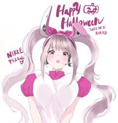 Rule 34 | 1girl, alice (nikke), alternate costume, animal ears, blush, breasts, english text, fake animal ears, goddess of victory: nikke, grey hair, highres, japanese text, large breasts, looking at viewer, looking back, pumpkin hat, rabbit ears, shishimaru (shishibon), solo, twintails, upper body, white background