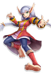 Rule 34 | 1girl, animal ears, braid, breasts, claws, dress, foreshortening, full body, golden sun, golden sun: dark dawn, gonzarez, green eyes, highres, long hair, looking at viewer, open mouth, pointy ears, silver hair, simple background, solo, sveta (golden sun), twin braids, white background