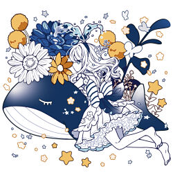 Rule 34 | 1girl, bare legs, dress, elina (e2n04n), flower, frilled dress, frills, hair ornament, hairband, long hair, looking at viewer, original, ribbon, solo, sunflower, whale