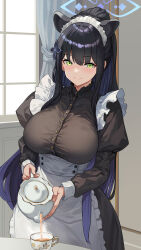 Rule 34 | 1girl, alternate costume, apron, black dress, black hair, blue archive, blue halo, breasts, closed mouth, dress, enmaided, extra ears, green eyes, halo, highres, indoors, jamgom, large breasts, long hair, long sleeves, looking at viewer, maid, maid apron, maid headdress, shun (blue archive), smile, solo, white apron, window