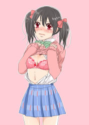 Rule 34 | 10s, 1girl, bad id, bad pixiv id, black hair, blush, bow, bra, breasts, clothes lift, embarrassed, hair bow, long hair, looking at viewer, love live!, love live! school idol project, mikawa miso, navel, open clothes, open shirt, pink bra, red eyes, school uniform, shirt, simple background, skirt, small breasts, solo, sweater, sweater lift, twintails, underwear, yazawa nico
