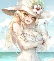Rule 34 | 1girl, au ra, warrior of light (ff14), bare shoulders, beach, black nails, blonde hair, blue sky, blush, bow, breasts, cherry, cleavage, cloud, cocktail glass, covered navel, crossed arms, cup, curled horns, day, dragon girl, dragon horns, drinking glass, eyelashes, fictional persona, final fantasy, final fantasy xiv, fingernails, flower, food, fruit, hat, hat flower, hibiscus, highres, holding, holding cup, horns, long hair, medium breasts, nail polish, nawliensuzu, ocean, one-piece swimsuit, open mouth, orange eyes, outdoors, pink flower, scales, sky, solo, straight hair, sun hat, swimsuit, teeth, water, white bow, white flower, white horns, white one-piece swimsuit, wrist flower