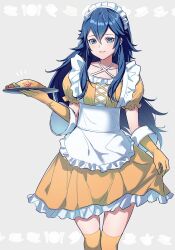 Rule 34 | 1girl, alternate costume, ameno (a meno0), apron, blue eyes, blue hair, collarbone, dress, elbow gloves, enmaided, fire emblem, fire emblem awakening, food, frilled dress, frills, gloves, grey background, grin, hair between eyes, highres, holding, holding plate, ketchup, long hair, looking at viewer, lucina (fire emblem), maid, maid headdress, nintendo, omelet, omurice, plate, puffy short sleeves, puffy sleeves, short sleeves, smile, solo, thighhighs, waist apron, white apron, yellow dress, yellow gloves, yellow thighhighs