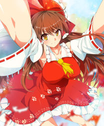 Rule 34 | 1girl, armpits, ascot, bow, breasts, brown hair, detached sleeves, frilled bow, frills, hair bow, hair tubes, hakurei reimu, highres, large breasts, long hair, looking at viewer, outstretched arms, paw print, red bow, red shirt, red skirt, ribbon-trimmed sleeves, ribbon trim, shirt, skirt, skirt set, smile, solo, touhou, umigarasu (kitsune1963), very long hair, wide sleeves, yellow eyes