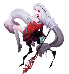 Rule 34 | 1girl, absurdres, arknights, beudelb, boots, dress, full body, gloves, green gloves, grey hair, headgear, high heel boots, high heels, highres, long hair, looking at viewer, looking back, low-tied long hair, off-shoulder dress, off shoulder, official alternate costume, red dress, red eyes, simple background, skadi (arknights), skadi the corrupting heart (arknights), solo, staff, twintails, unfinished, very long hair, white background, white footwear