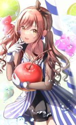 Rule 34 | 1girl, air bubble, bike shorts under skirt, blue dress, blush, bubble, cherry, citrusmikan, dress, drinking straw, earrings, finger to mouth, food, fruit, gloves, gummy bear, hair ribbon, hairband, hand up, highres, holding, holding food, holding fruit, idolmaster, idolmaster shiny colors, jewelry, lime (fruit), long hair, looking at viewer, official alternate costume, official alternate hairstyle, open mouth, osaki amana, oversized food, oversized object, red hair, ribbon, smile, solo, striped clothes, striped dress, swept bangs, twintails, vertical-striped clothes, vertical-striped dress, wavy hair, white gloves, yellow eyes