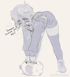 Rule 34 | 1boy, amogus, ass, bent over, blush, short shorts, male focus, milk, milk carton, nail polish, sandcavern, solo, sweater, tears, thick thighs, thighhighs, thighs, trap