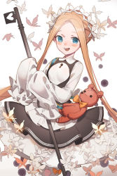 Rule 34 | 1girl, abigail williams (fate), abigail williams (festival outfit) (fate), apron, black skirt, blonde hair, blue eyes, bow, butterfly hair ornament, fate/grand order, fate (series), hair ornament, heroic spirit chaldea park outfit, highres, holding, key, long hair, looking at viewer, maid, maid apron, maid headdress, mary janes, nemo (leafnight), official alternate costume, open mouth, orange bow, shoes, skirt, sleeves past fingers, sleeves past wrists, smile, solo, stuffed animal, stuffed toy, teddy bear, white bow