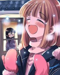 Rule 34 | 2girls, :d, black-framed eyewear, black hair, blue jacket, blush, closed eyes, commentary request, fogged glasses, fur-trimmed mittens, fur trim, glasses, happy, himawari-san, himawari-san (character), jacket, kazamatsuri matsuri, light brown hair, long hair, long sleeves, looking at another, looking outside, mittens, multiple girls, open mouth, outdoors, pink mittens, purple sweater, short hair, signature, smile, snowing, sugano manami, sweater, turtleneck, turtleneck sweater, upper body, white sweater, window, winter clothes