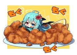 Rule 34 | 1girl, :t, absurdres, ahoge, black gloves, blue eyes, blue hair, blush, chibi, closed mouth, commentary request, commission, copyright request, eating, flower, food, fried chicken, fruit, gloves, hair between eyes, hair flower, hair ornament, heterochromia, highres, in food, lemon, lemon slice, long hair, long sleeves, milkpanda, plate, puffy cheeks, red eyes, red flower, short eyebrows, skeb commission, sleeves past wrists, solo, spider lily, thick eyebrows, two-tone background, very long hair, wavy mouth, white background, wide sleeves, yellow background