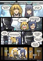 Rule 34 | 1other, 4girls, ambiguous gender, animal ears, arknights, blonde hair, blue hair, bottle (bottle1234), comic, commentary, english commentary, english text, engrish text, factory, fang (arknights), gameplay mechanics, highres, multiple girls, production line, ranguage, siege (arknights), texas (arknights), vanilla (arknights), yellow eyes