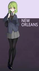 Rule 34 | 1girl, absurdres, arnold-s, bad id, bad pixiv id, bag, black necktie, black pantyhose, blush, character name, closed mouth, duffel bag, glasses, green hair, grey skirt, highres, looking at viewer, mary janes, necktie, new orleans (warship girls r), pantyhose, school uniform, shoes, short hair, skirt, smile, solo, warship girls r, yellow eyes
