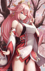 Rule 34 | 1girl, absurdres, amano kusatsu, animal ears, bare shoulders, breasts, cherry blossoms, commentary request, cowboy shot, detached sleeves, earrings, floppy ears, fox ears, fox shadow puppet, genshin impact, hair ornament, hand up, highres, holding, japanese clothes, jewelry, large breasts, long hair, long sleeves, looking at viewer, nontraditional miko, parted lips, pink hair, purple eyes, shirt, sideboob, sleeveless, sleeveless shirt, smile, solo, standing, thighs, very long hair, white shirt, wide sleeves, yae miko