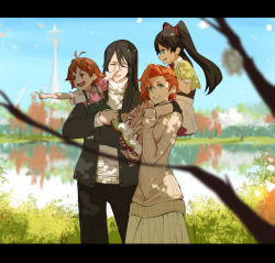 Rule 34 | 2boys, 2girls, aged up, ahoge, black hair, blue sky, breasts, carrying, child, closed eyes, commentary, dishwasher1910, english commentary, excited, family, father and daughter, father and son, green eyes, grin, hair tie, hand on another&#039;s face, happy, if they mated, jacket, laughing, letterboxed, lie ren, long hair, long sleeves, looking at another, looking to the side, looking up, mother and daughter, mother and son, multiple boys, multiple girls, nature, nora valkyrie, open mouth, orange hair, outdoors, outstretched arm, pants, parted lips, pointing, red eyes, rwby, shoes, short hair, short sleeves, sitting on shoulder, sitting on shoulders, skirt, sky, smile, standing, teeth, tongue, tree, turquoise eyes, twintails, water