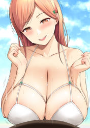 Rule 34 | 1boy, 1girl, :d, bikini, bleach, blue sky, blush, breasts squeezed together, breasts, bright pupils, dark-skinned male, dark skin, day, diisuke, head tilt, heart, heart-shaped pupils, hetero, huge breasts, inoue orihime, interracial, long hair, looking at viewer, open mouth, orange hair, outdoors, paizuri, paizuri under clothes, penis, perpendicular paizuri, pov, pov crotch, sky, smile, solo focus, swimsuit, symbol-shaped pupils, upper body, white bikini, white pupils