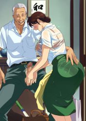 Rule 34 | 1girl, :o, ass, blush, bra, breasts, brown eyes, brown hair, caressing testicles, censored, closed eyes, erection, green skirt, hair bun, handjob, hikaru no go, huge breasts, indoors, jewelry, legs, long skirt, looking down, matching hair/eyes, mature female, mosaic censoring, old, old man, open mouth, penis, ring, see-through, shindou mitsuko, shirt, single hair bun, skirt, smile, standing, testicles, thighs, towel, underwear, unzipped, volvox, wedding ring, wet, wet clothes, white shirt, yellow towel