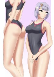 Rule 34 | 1girl, absurdres, ass, bare shoulders, breasts, competition swimsuit, genshin impact, green eyes, highres, medium breasts, multiple views, noelle (genshin impact), one-piece swimsuit, phoenix (artist), shiny clothes, shiny skin, short hair, sideboob, silver hair, smile, swimsuit, wedgie