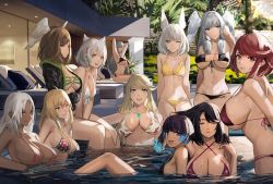 Rule 34 | 6+girls, :d, ahoge, arm up, arms up, beach chair, bikini, black bikini, black hair, blonde hair, blue eyes, blush, breasts, breasts apart, brown eyes, brown hair, chair, chest jewel, cleavage, closed mouth, dark-skinned female, dark skin, dual persona, elma (xenoblade x), ethel (xenoblade), eunie (xenoblade), facial mark, female focus, fiery hair, fiora (xenoblade), grey hair, head wings, highres, huge breasts, j@ck, large breasts, leaf print, long hair, looking at viewer, lounge chair, matching hair/eyes, medium breasts, medium hair, melia antiqua, mio (xenoblade), multiple girls, mythra (xenoblade), navel, nia (xenoblade), one eye closed, open mouth, outdoors, paid reward available, parted lips, polka dot, polka dot bikini, pool, poolside, purple bikini, pyra (xenoblade), red bikini, red eyes, red hair, sena (xenoblade), sharla (xenoblade), short hair, sideboob, sitting, skindentation, small breasts, smile, stomach, strap gap, swimsuit, thighs, underboob, water, white bikini, white hair, wings, xenoblade chronicles (series), xenoblade chronicles 1, xenoblade chronicles 2, xenoblade chronicles 3, xenoblade chronicles x, yellow bikini, yellow eyes