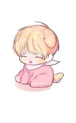 Rule 34 | 1boy, aged down, animal ears, baby, blonde hair, child, closed eyes, commentary request, debwi mos hamyeon jugneun byeong geollim, dog boy, dog ears, dog tail, email address, full body, kemonomimi mode, korean commentary, male focus, onesie, open mouth, park moondae, ronno 5, short hair, simple background, sitting, solo, tail, white background