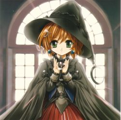 Rule 34 | 00s, 1girl, aquarian age, brown hair, character request, dress, earrings, gotou nao, green eyes, hat, jewelry, short hair, solo, source request, witch hat
