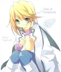 Rule 34 | 00s, 1boy, blonde hair, blue eyes, boots, bracelet, capelet, character name, copyright name, highres, jewelry, mithos yggdrasill, pants, short hair, smile, tales of (series), tales of symphonia