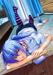Rule 34 | 1girl, :o, bad id, bad pixiv id, bed, blue hair, blush, book, bottle, cellphone, curtains, drawer, drink, dutch angle, earphones, feet, foreshortening, leg up, lying, on stomach, original, pantyhose, pantyhose under shorts, pepsi, phone, product placement, purple pantyhose, shorts, solo, striped clothes, striped pantyhose, twintails, yamakeitokokoro, yellow eyes