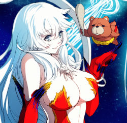 Rule 34 | 1girl, arm at side, artemis (fate), artemis (third ascension) (fate), bare shoulders, blue eyes, blue hair, breasts, cleavage, club (weapon), collarbone, dress, elbow gloves, fate/grand order, fate (series), gloves, hair between eyes, hand up, index finger raised, jewelry, large breasts, long hair, looking at viewer, necklace, orion (bear) (fate), parted lips, pink lips, red dress, red gloves, revealing clothes, skindentation, smile, strapless, strapless dress, stuffed animal, stuffed toy, teddy bear, upper body, weapon, yaoshi jun