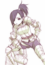 Rule 34 | 1girl, armor, armored boots, ass, ass grab, belt, boots, breasts, buckle, capcom, gauntlets, hair over one eye, inuburo, large breasts, leaning forward, monochrome, monster hunter (series), ponytail, short hair, shoulder pads, simple background, solo, spread legs, standing, thigh boots, thighhighs, white background