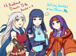 Rule 34 | 3girls, :d, altina (fire emblem), anniversary, arm guards, armor, bangle, belt, black gloves, black legwear, blue eyes, blue hair, blue scarf, bracelet, copyright name, covered navel, dress, elbow gloves, fire emblem, fire emblem: radiant dawn, fire emblem heroes, gloves, hair ribbon, half updo, headband, highres, hime cut, jewelry, long hair, long sleeves, looking at viewer, micaiah (fire emblem), mini flag, multiple girls, musical note, nintendo, open mouth, outstretched arm, oversized clothes, poiramee, purple hair, red headband, ribbon, sanaki kirsch altina, scarf, shoulder armor, side slit, silver hair, simple background, sleeveless, sleeveless dress, smile, sweatdrop, turtleneck, wide sleeves, yellow eyes