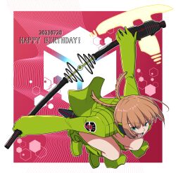Rule 34 | 1girl, axe, battle axe, blue eyes, blue jacket, boots, brown hair, dated, dual wielding, energy axe, feather hair, floating clothes, floating hair, from above, full body, gloves, glowing, glowing weapon, green footwear, green gloves, happy birthday, headphones, highres, holding, holding polearm, holding weapon, jacket, jumping, knee boots, konami kirie, light brown hair, naenokyuuri (truchmobis), outside border, outstretched arms, polearm, power suit, red background, short hair, smile, solo, uniform, weapon, world trigger