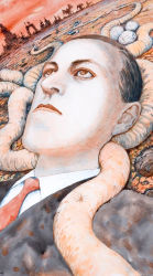 Rule 34 | 1boy, cthulhu mythos, demon, expressionless, formal, h.p. lovecraft, itou junji, looking up, lying, male focus, necktie, on back, portrait, real life, red sky, sky, solo, suit, tentacles