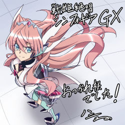 Rule 34 | 1girl, blue eyes, breasts, cleavage cutout, clothing cutout, commentary request, foreshortening, from above, h-new, hair between eyes, headgear, large breasts, long hair, looking at viewer, looking up, maria cadenzavna eve, pink hair, senki zesshou symphogear, smile, solo, tile floor, tiles, translation request, very long hair