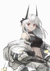 Rule 34 | 1girl, arknights, bare shoulders, black choker, black gloves, black shirt, breasts, choker, coat, cowboy shot, crop top, expressionless, gloves, highres, holding, horns, large breasts, long hair, looking at viewer, midriff, mudrock (arknights), mudrock (elite ii) (arknights), navel, off shoulder, open clothes, open coat, oversized clothes, pointy ears, red eyes, shirt, sidelocks, simple background, sleeveless, sleeveless shirt, solo, soyoong jun, stomach, tank top, white background, white coat, white hair