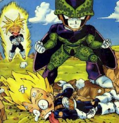 Rule 34 | 3boys, armor, aura, bandages, blonde hair, boots, cell (dragon ball), celulitis (dragon fall), chibi, closed mouth, cloud, day, defeat, dragon ball, dragon fall, dragonball z, dragonfall, eyebrows, gloves, lowres, lying, male focus, multiple boys, on stomach, open mouth, outdoors, parody, perfect cell, sky, spiked hair, standing, super saiyan, super saiyan 1, tongue, trakatranks (dragon fall), trunks (dragon ball), trunks (future) (dragon ball), vegeta, vegetal (dragon fall), x x