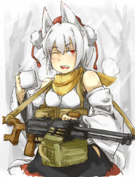 Rule 34 | 1girl, ;d, animal ears, assault rifle, ayyh, bad id, bad pixiv id, belt, belt pouch, black skirt, blush, cowboy shot, cup, detached sleeves, disposable cup, fang, gun, hat, highres, inubashiri momiji, looking at viewer, machine gun, mug, one eye closed, open mouth, pocket, pouch, red eyes, rifle, scarf, short hair, silver hair, sketch, skirt, smile, solo, tail, tokin hat, touhou, weapon, wink, wolf ears, wolf tail
