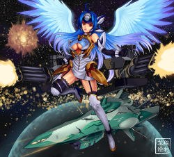 Rule 34 | 00s, 1girl, antenna hair, blue hair, boots, breasts, dual wielding, elbow gloves, explosion, feathered wings, forehead protector, garter straps, gatling gun, gloves, gun, highres, holding, knee boots, kos-mos, large breasts, lips, long hair, making-of available, minigun, over-kneehighs, red eyes, revealing clothes, ryu shou, solo, spacecraft, thighhighs, underboob, weapon, white footwear, white thighhighs, wings, xeno (series), xenosaga, xenosaga episode iii